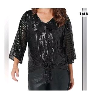 Black Sequin Tie Front Top